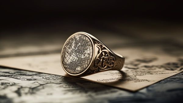 Stylish gold signet ring with a contemporary map pattern etched on the surface.