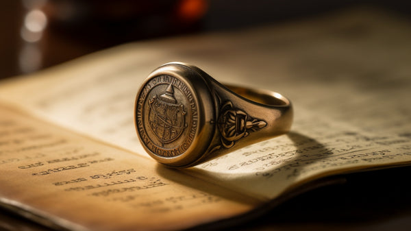 Antique signet ring with weathered patina and a vintage heraldic shield engraving.