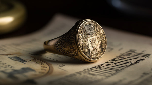 Elegant signet ring featuring a detailed monogram engraving on a polished surface.