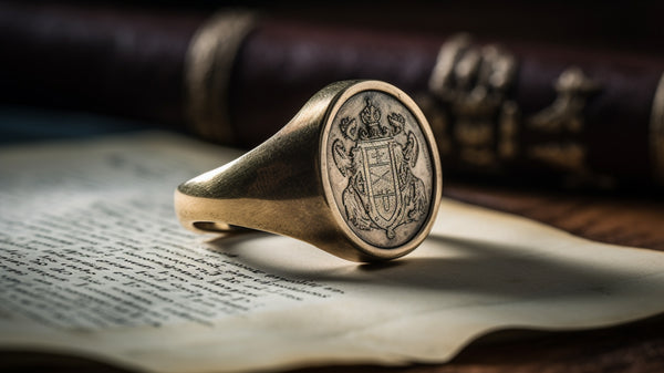 Close-up of an intricately engraved gold signet ring with a bold family crest design.