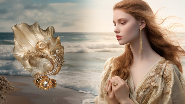 seaside at golden hour, where models clad in elegant, period-inspired attire adorned with Victorian nautical brooches