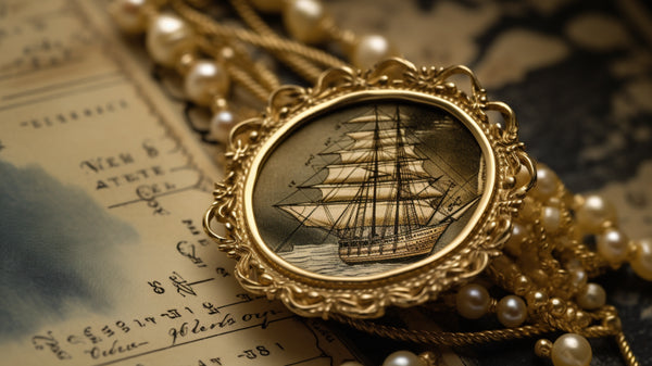 exquisite craftsmanship of a Victorian gold brooch, focusing on the fine details of the nautical ship design