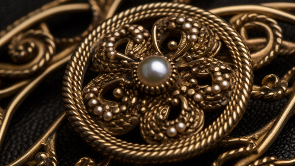 detailed close-up shot of a Victorian brooch showcasing the double-stranded gold rope technique