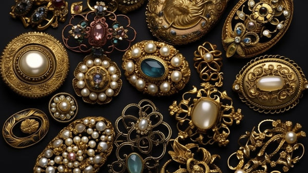 display of various Victorian brooches, each showcasing different aspects of the era's craftsmanship, such as double-stranded gold ropes, gold 'pearls', and intricate loop designs