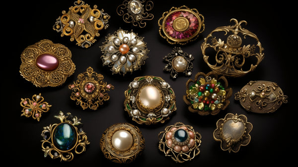 various Victorian brooches, each showcasing different aspects of the era's craftsmanship