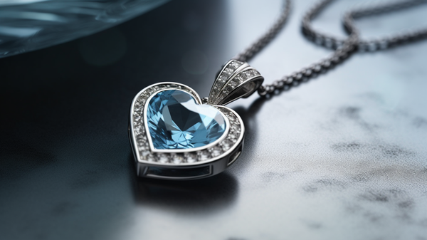 White Gold Heart Shape Pendant With Heart Blue Gemstone + Diamonds