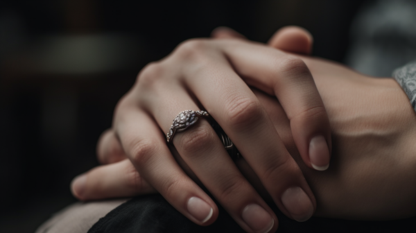 a couple's hands intertwined, with engagement rings on their left hands