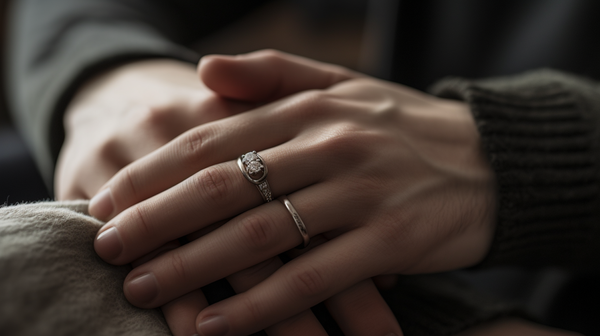 couple's hands intertwined, with engagement rings on their left hands