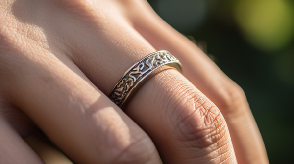 A close-up shot of a hand wearing one standout ornamented wedding ring from Roberts & Co's collection,