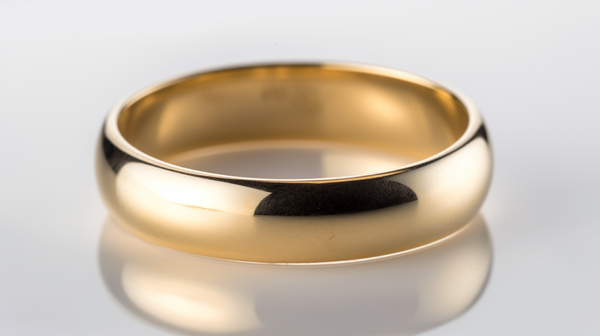 A close-up image of a plain gold wedding band showcasing its radiant lustre and continuous circular design, symbolizing eternal love.
