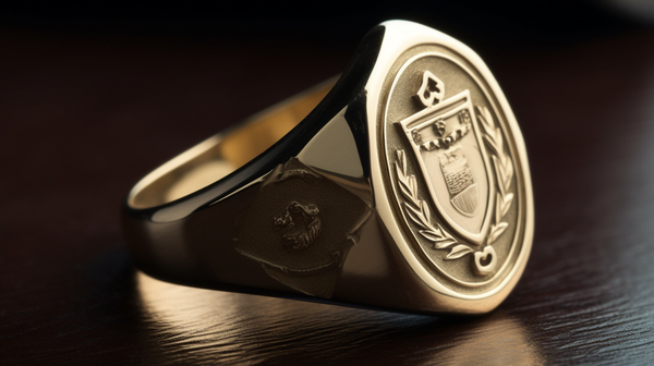 A close-up shot of a signet ring with a shield style table