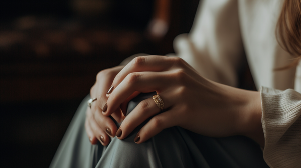 A close-up shot of a woman's hand adorned with a dainty gold signet ring.