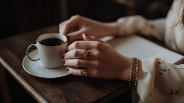 A close-up shot of a woman's hand adorned with a dainty gold signet ring