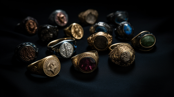 An array of intricately designed signet rings from Roberts & Co's collection, displayed on a rich, dark velvet background.
