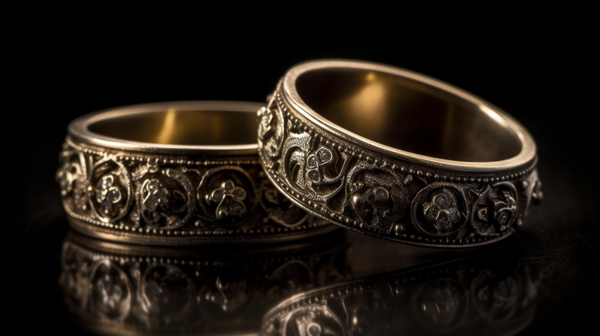 A detailed photograph of a wedding ring set (betrothal ring and wedding ring) from the Tudor era