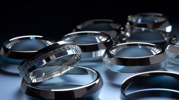 An array of beveled edge wedding rings showing off their distinctive sloped edges on a reflective surface.