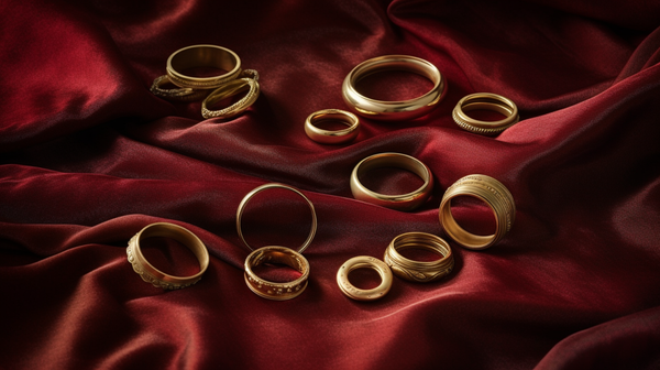 A variety of gold wedding rings from Roberts & Co's collection, showcasing the intricate craftsmanship and timeless design.
