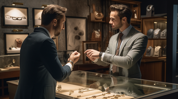 A jeweler at Roberts & Co explaining a jewelry piece's details to a customer