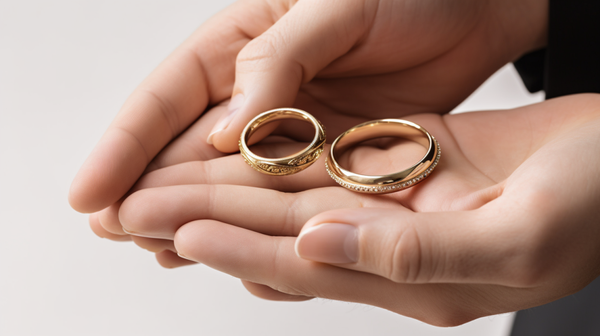 A pair of hands holding different styles of Roberts & Co gold wedding rings