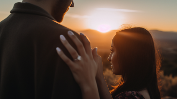 A panoramic shot of a couple looking into the distance, both wearing their engagement and wedding rings