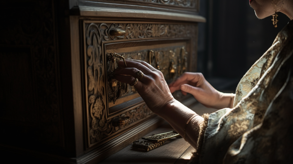 Roman woman using her ring-key to lock a vintage wooden cupboard