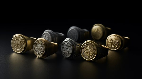A series of signet rings from the Roberts & Co collection, arranged in a linear manner on a dark velvet surface