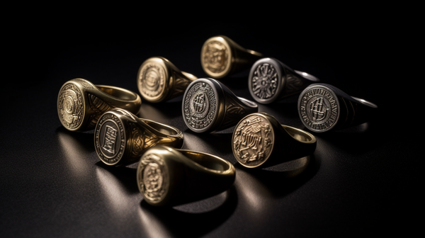 A series of signet rings spread out on a dark surface