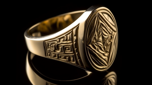 shoulders of a signet ring, featuring carved patterns and a modern "steps" design