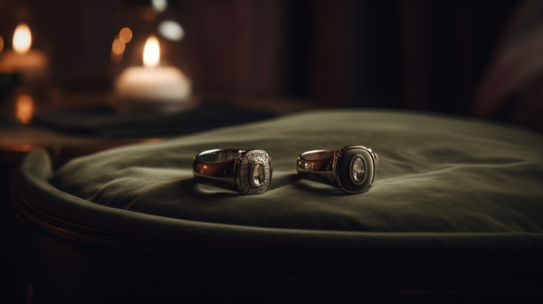 man's and a woman's signet ring individually displayed on velvet cushions
