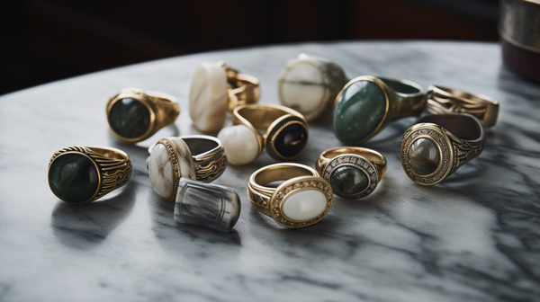various signet rings from Roberts & Co's collection elegantly arranged on a marble surface