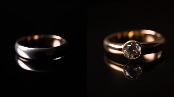 A comparison image of a simple gold wedding band and a gem-set ring, showcasing the minimalist elegance of the gold band and the ornate detail of the gem-set ring.