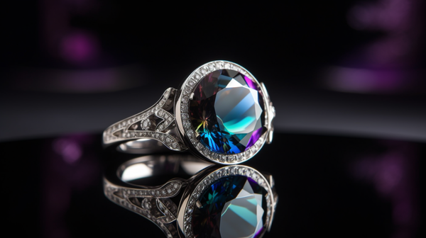 A stunning gem-set ring from Roberts & Co's collection, its brilliance reflected on a mirrored surface.