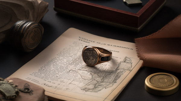 A styled flat lay of a Roberts & Co signet ring with packaging