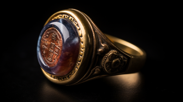 Close-up of an ancient signet ring with a hard, coloured stone seal, showcasing intricate carvings