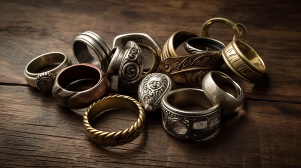 An assortment of cherished rings of varying styles and ages displayed on a vintage surface, symbolising the diverse memories and sentiments they hold.