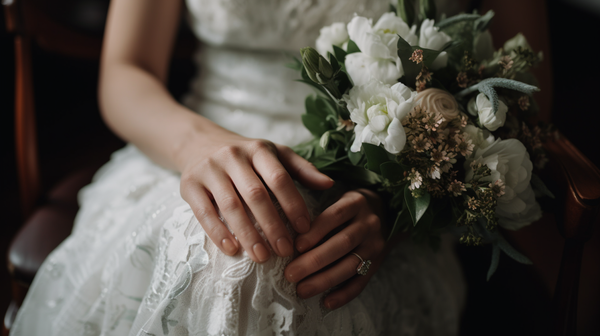 close-up shot of a bride's hand, showcasing a beautiful ring from Roberts & Co on her ring finger