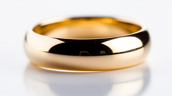 Close-up shot of a gleaming gold wedding ring against a white background.