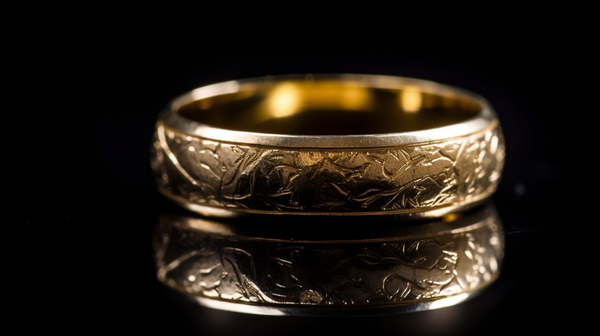 Close-up image of a light, 2-gram gold wedding ring against a dark background.