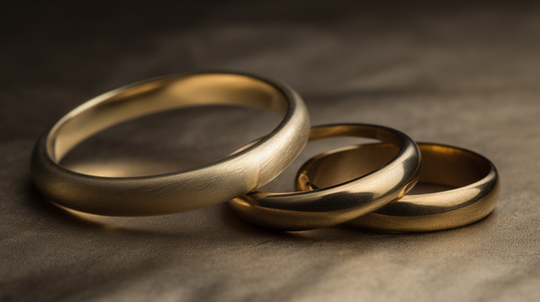 A collection of gold wedding rings in varying carats beautifully displayed on a soft velvet surface, showcasing the subtle differences in color and shine.