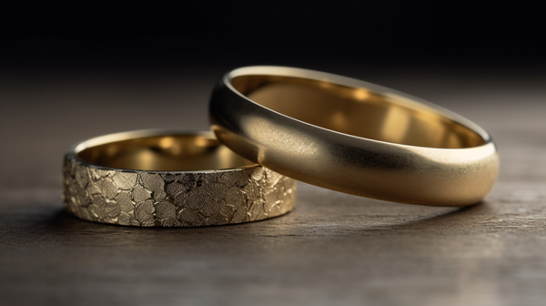 Comparison shot of an old, heavy gold wedding ring and a modern, lighter one 