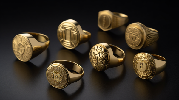 flat lay image of various signet rings arranged in a linear manner