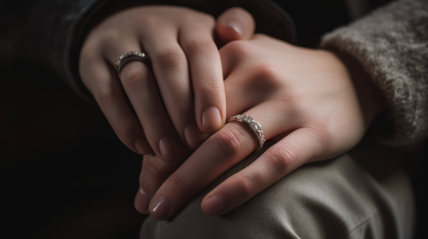 Couple's hands lovingly intertwined, each showcasing a beautiful gold wedding ring.