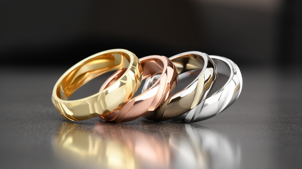 A range of gold wedding rings in yellow, white, and rose gold, showcased on a plush velvet surface.