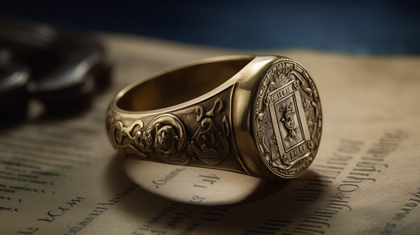 An intricately carved antique seal ring resting on a weathered parchment, showcasing its historical significance.