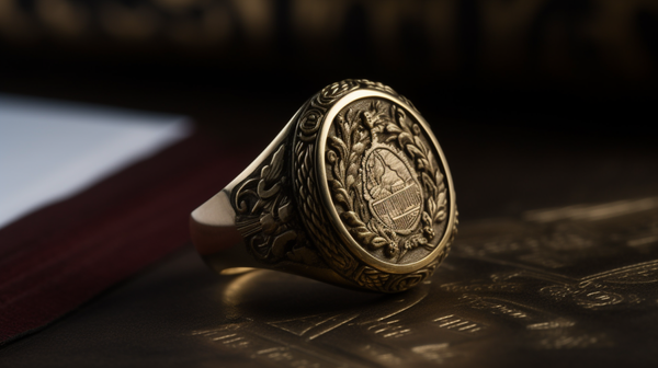 Detail shot of a signet ring with intricate engravings or a family crest