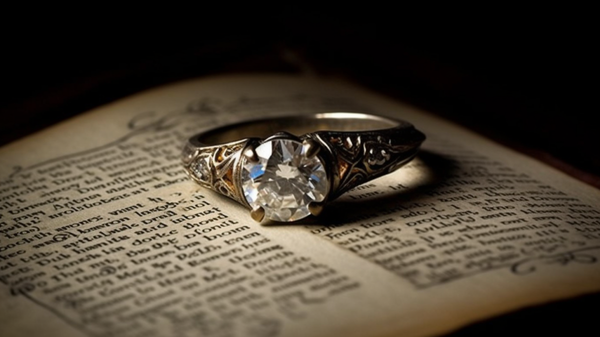antique-looking engagement ring that seems to be from a historical era placed on top of an open, aged book