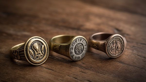 assortment of replica signet rings that reflect different ancient civilizations like Egypt, Rome, and Greece