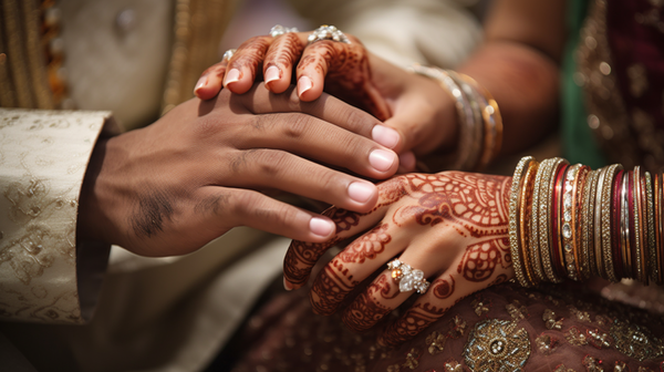 couple partaking in a ring ceremony from a non-western culture where the ring is placed on each finger before finally resting on the ring finger