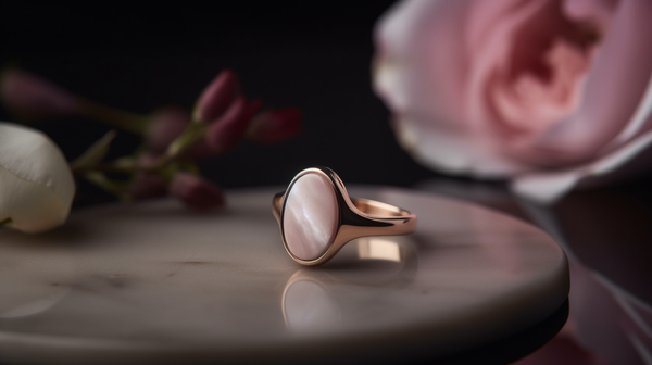 woman's signet ring from Roberts & Co in a soft and feminine setting