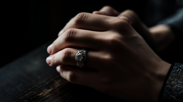 person's hand wearing a clasped hands ring